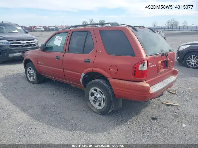 2001 Isuzu Rodeo Ls 3.2L/Ls 3.2L V6/Lse 3.2L V6/S/S 3.2L V6 VIN: 4S2DM58W514315077 Lot: 41784050