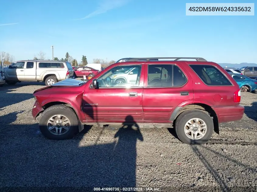2002 Isuzu Rodeo Ls 3.2L/Lse 3.2L V6/S/S 3.2L V6 VIN: 4S2DM58W624335632 Lot: 41690735