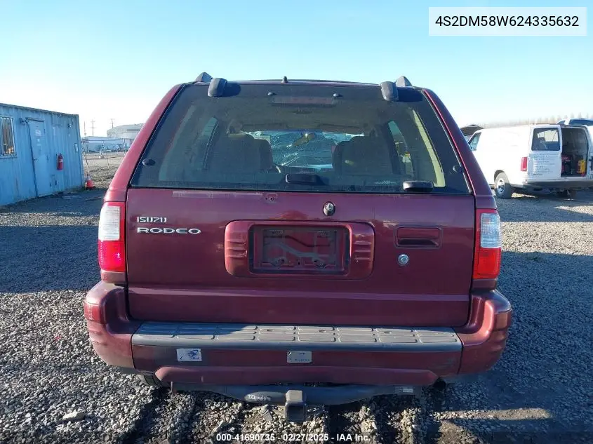 2002 Isuzu Rodeo Ls 3.2L/Lse 3.2L V6/S/S 3.2L V6 VIN: 4S2DM58W624335632 Lot: 41690735