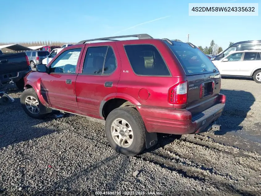 2002 Isuzu Rodeo Ls 3.2L/Lse 3.2L V6/S/S 3.2L V6 VIN: 4S2DM58W624335632 Lot: 41690735