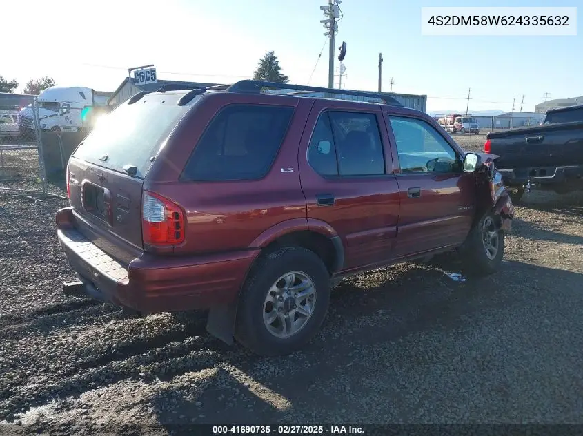 2002 Isuzu Rodeo Ls 3.2L/Lse 3.2L V6/S/S 3.2L V6 VIN: 4S2DM58W624335632 Lot: 41690735