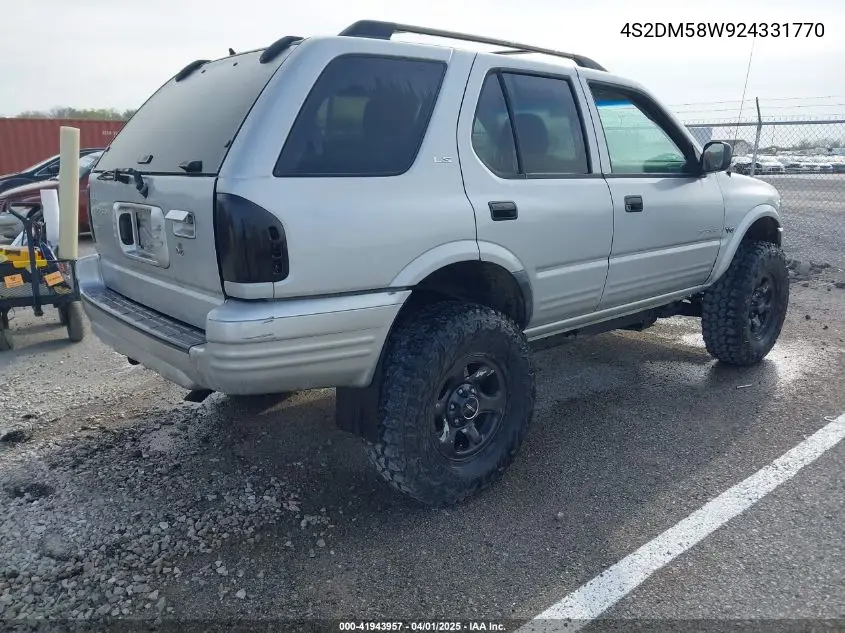 2002 Isuzu Rodeo Ls 3.2L/Lse 3.2L V6/S/S 3.2L V6 VIN: 4S2DM58W924331770 Lot: 41943957