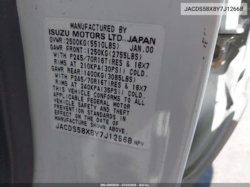 2000 Isuzu Trooper Limited/Ls/S VIN: JACDS58X8Y7J12668 Lot: 42655530