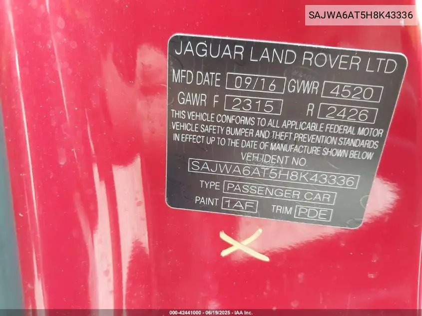 2017 Jaguar F-Type Premium VIN: SAJWA6AT5H8K43336 Lot: 42441000