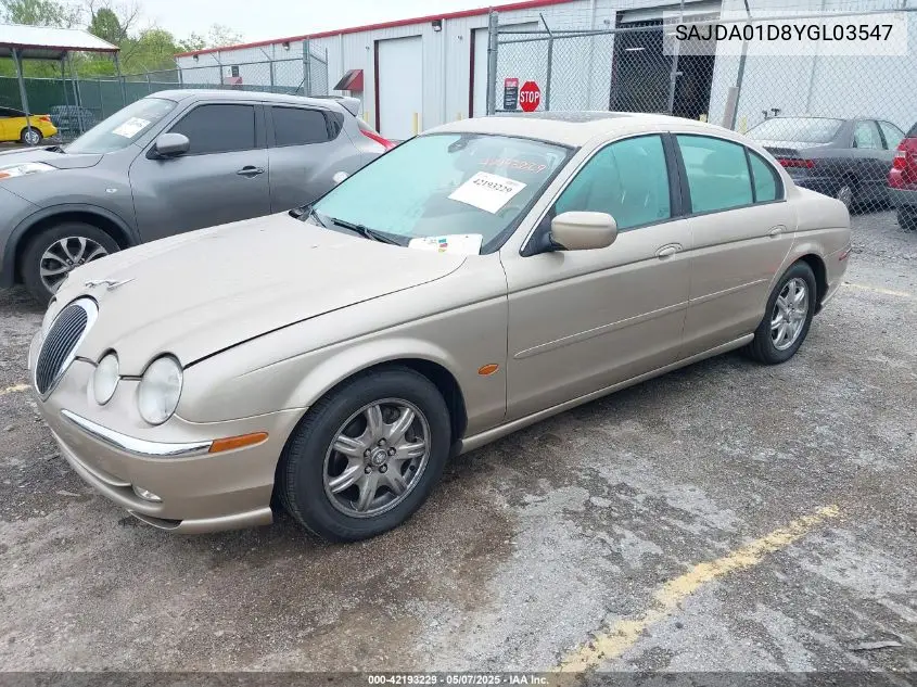 2000 Jaguar S-Type 4.0L V8 VIN: SAJDA01D8YGL03547 Lot: 42193229