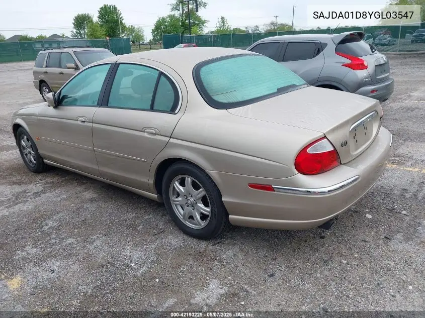 2000 Jaguar S-Type 4.0L V8 VIN: SAJDA01D8YGL03547 Lot: 42193229