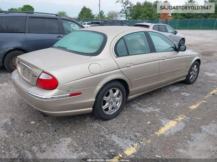 2000 Jaguar S-Type 4.0L V8 VIN: SAJDA01D8YGL03547 Lot: 42193229