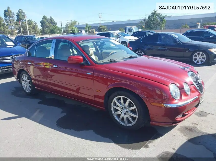 2000 Jaguar S-Type 4.0L V8 VIN: SAJDA01D1YGL57692 Lot: 42283196