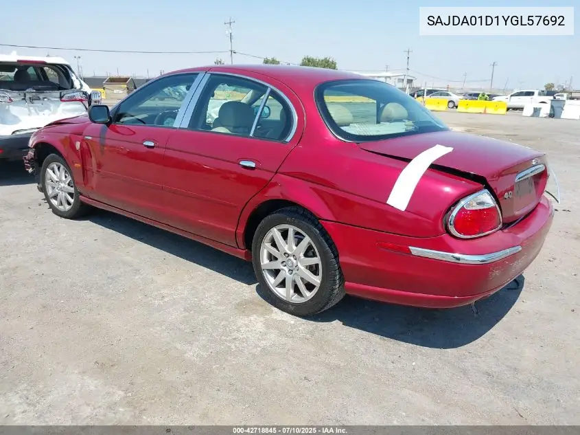 2000 Jaguar S-Type 4.0L V8 VIN: SAJDA01D1YGL57692 Lot: 42718845