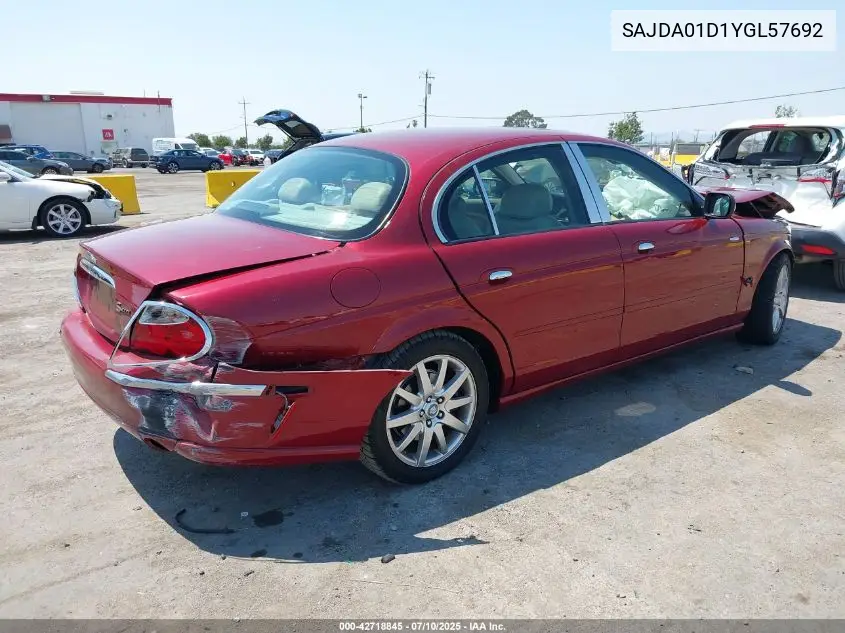 2000 Jaguar S-Type 4.0L V8 VIN: SAJDA01D1YGL57692 Lot: 42718845