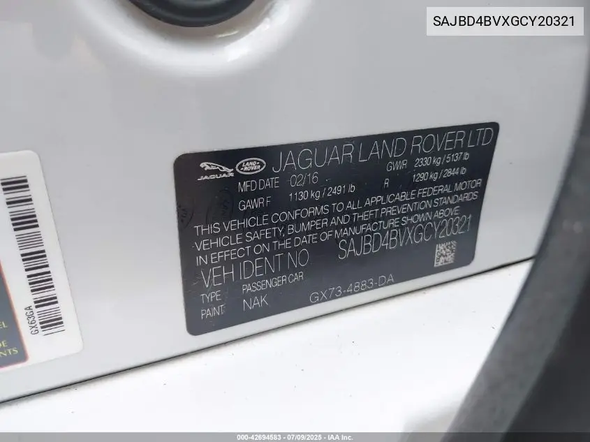 2016 Jaguar Xf 35T Premium VIN: SAJBD4BVXGCY20321 Lot: 42694583
