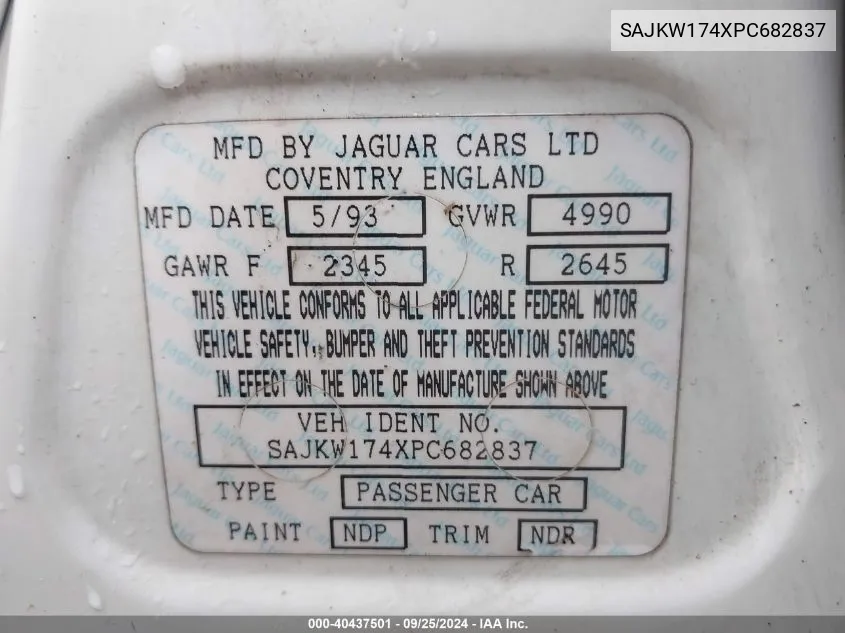 1993 Jaguar Xj6 Vanden Plas VIN: SAJKW174XPC682837 Lot: 40437501