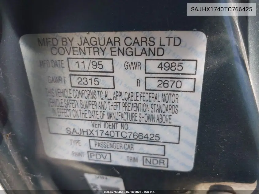1996 Jaguar Xj6 VIN: SAJHX1740TC766425 Lot: 42758458