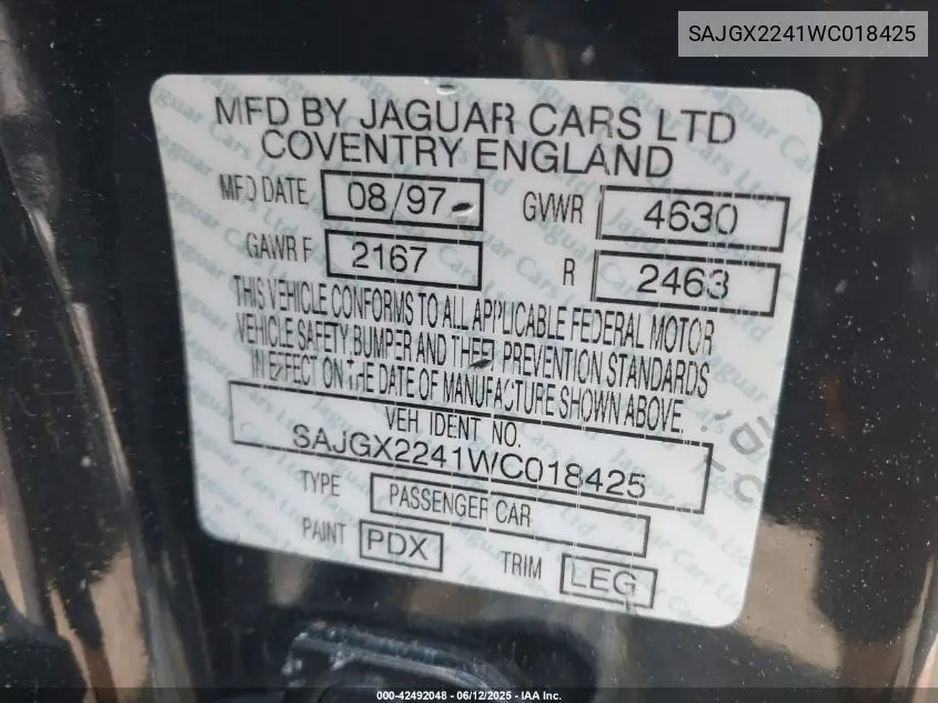 1998 Jaguar Xk8 VIN: SAJGX2241WC018425 Lot: 42492048