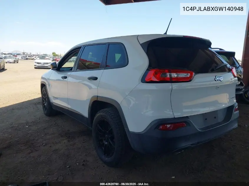 2016 Jeep Cherokee Sport VIN: 1C4PJLABXGW140948 Lot: 42620760