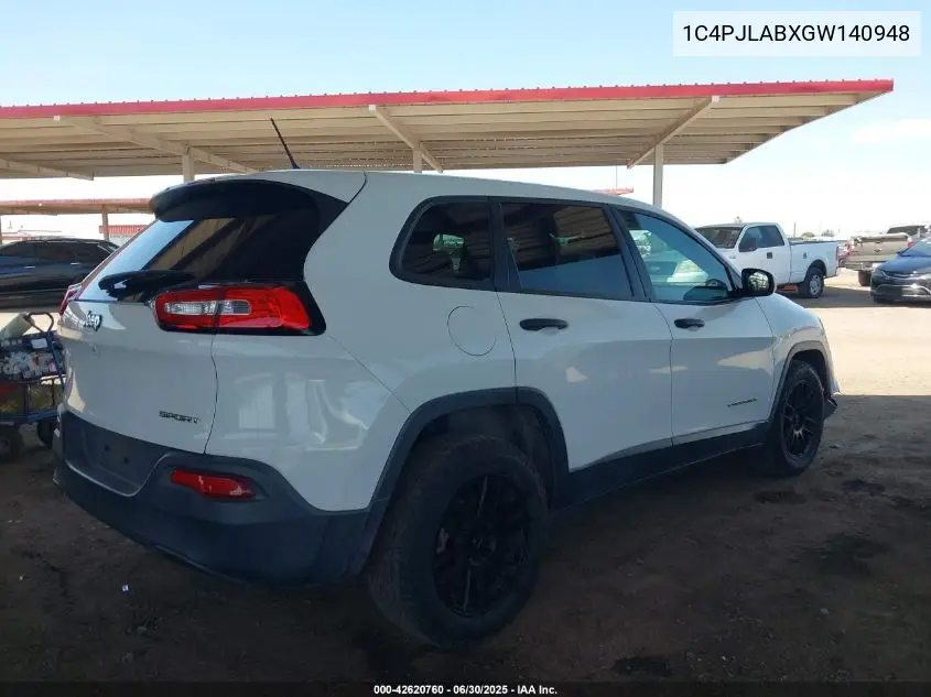 2016 Jeep Cherokee Sport VIN: 1C4PJLABXGW140948 Lot: 42620760