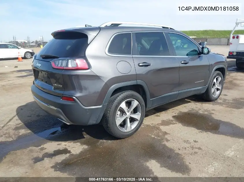 2021 Jeep Cherokee Limited 4X4 VIN: 1C4PJMDX0MD181058 Lot: 41763166