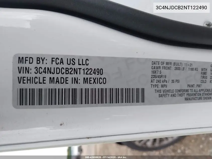 2022 Jeep Compass Limited 4X4 VIN: 3C4NJDCB2NT122490 Lot: 42655828