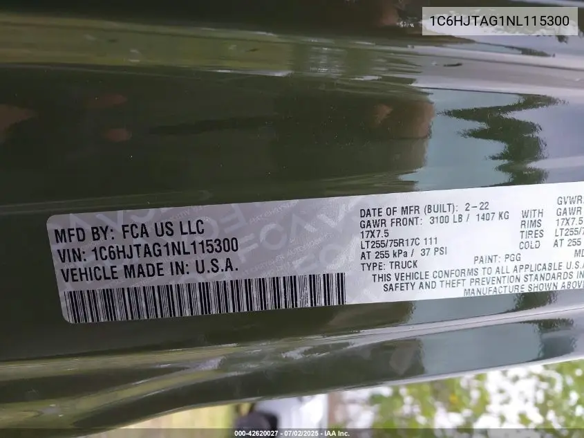 2022 Jeep Gladiator Willys 4X4 VIN: 1C6HJTAG1NL115300 Lot: 42620027