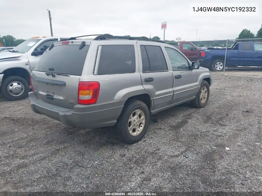 2000 Jeep Grand Cherokee Laredo VIN: 1J4GW48N5YC192332 Lot: 42568594