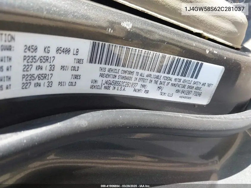 2002 Jeep Grand Cherokee Limited VIN: 1J4GW58S62C281037 Lot: 41906884