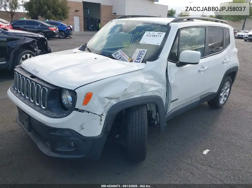 2018 Jeep Renegade Latitude Fwd VIN: ZACCJABB0JPJ58037 Lot: 42248473