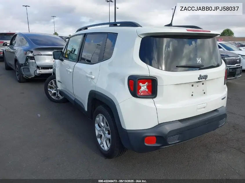2018 Jeep Renegade Latitude Fwd VIN: ZACCJABB0JPJ58037 Lot: 42248473