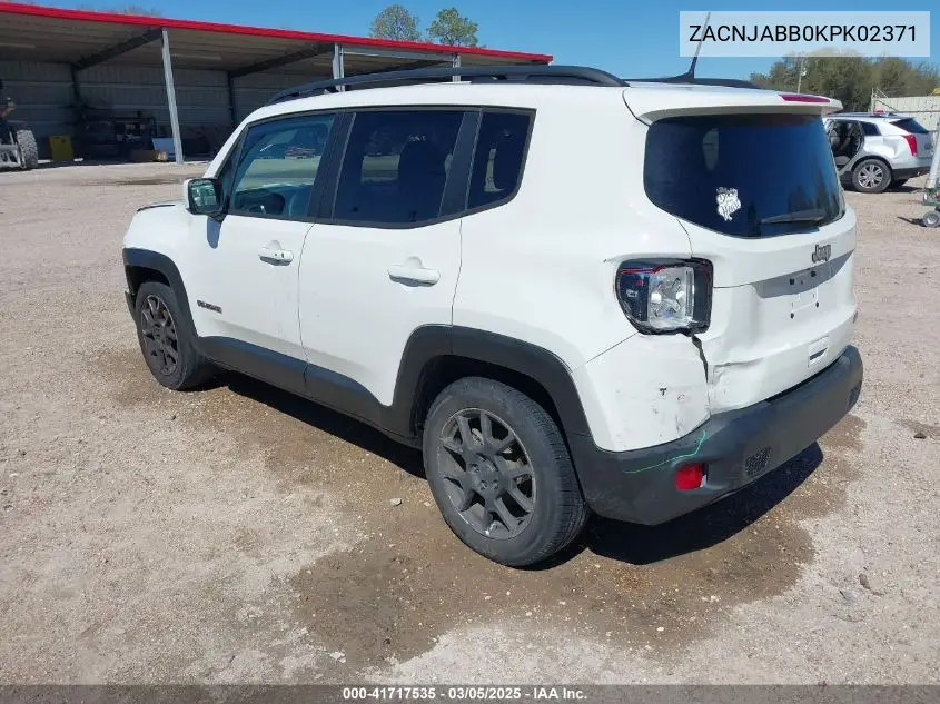2019 Jeep Renegade Latitude Fwd VIN: ZACNJABB0KPK02371 Lot: 41717535