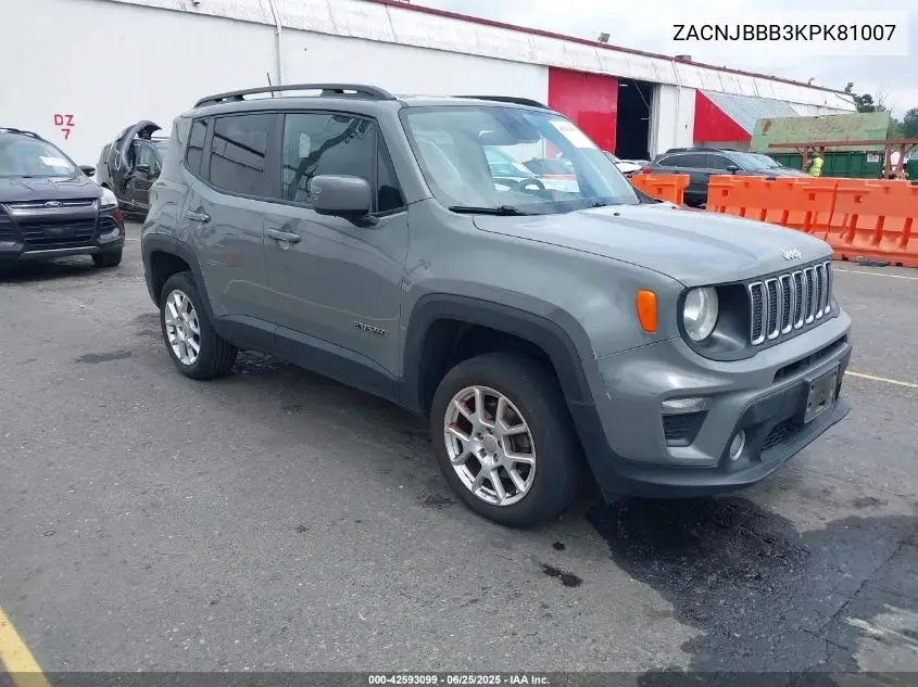 2019 Jeep Renegade Latitude 4X4 VIN: ZACNJBBB3KPK81007 Lot: 42593099