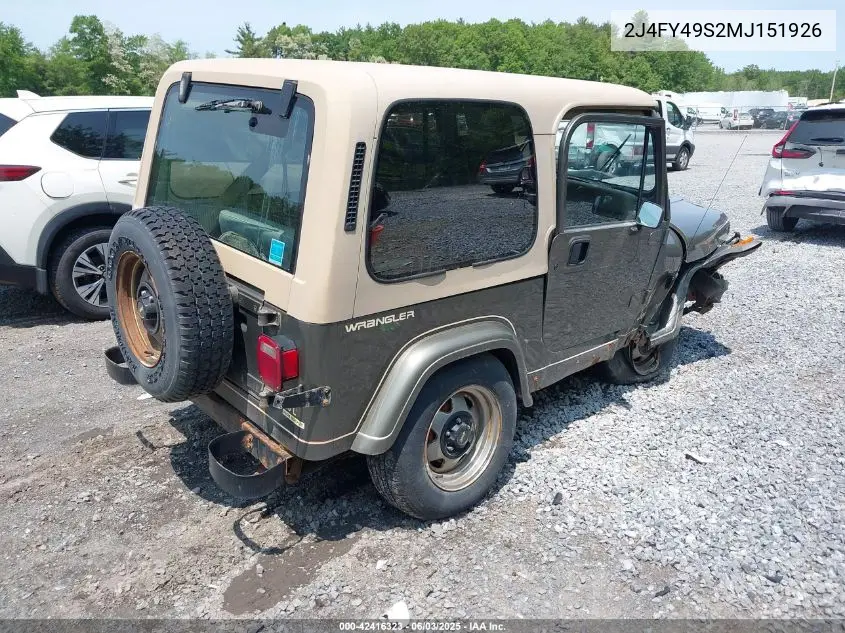 1991 Jeep Wrangler / Yj Sahara VIN: 2J4FY49S2MJ151926 Lot: 42416323