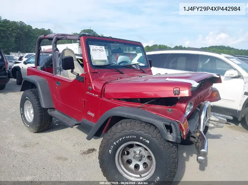 1999 Jeep Wrangler Se VIN: 1J4FY29P4XP442984 Lot: 42577025