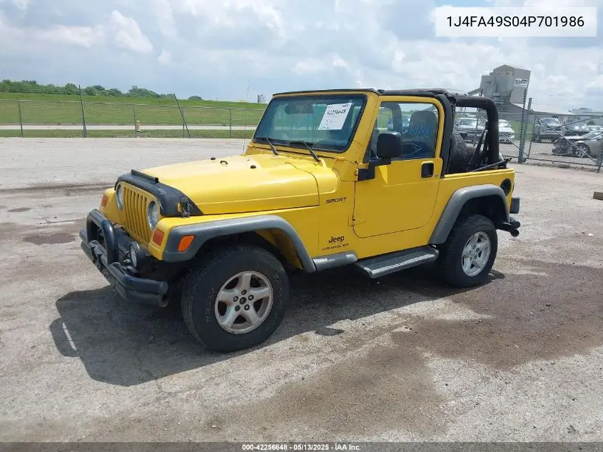 2004 Jeep Wrangler Sport VIN: 1J4FA49S04P701986 Lot: 42256648