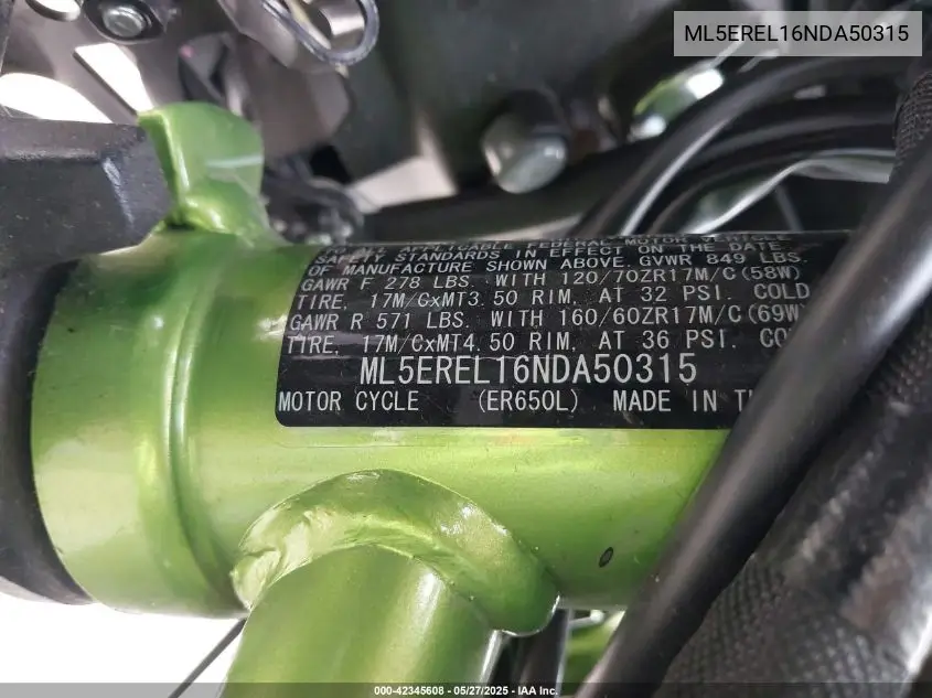 2022 Kawasaki Er650 L VIN: ML5EREL16NDA50315 Lot: 42345608