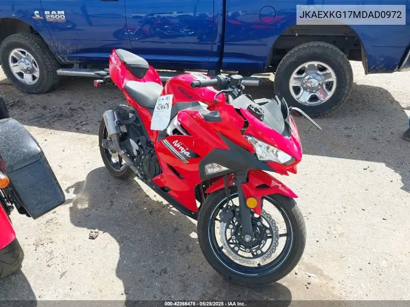 2021 Kawasaki Ex400 VIN: JKAEXKG17MDAD0972 Lot: 42366478