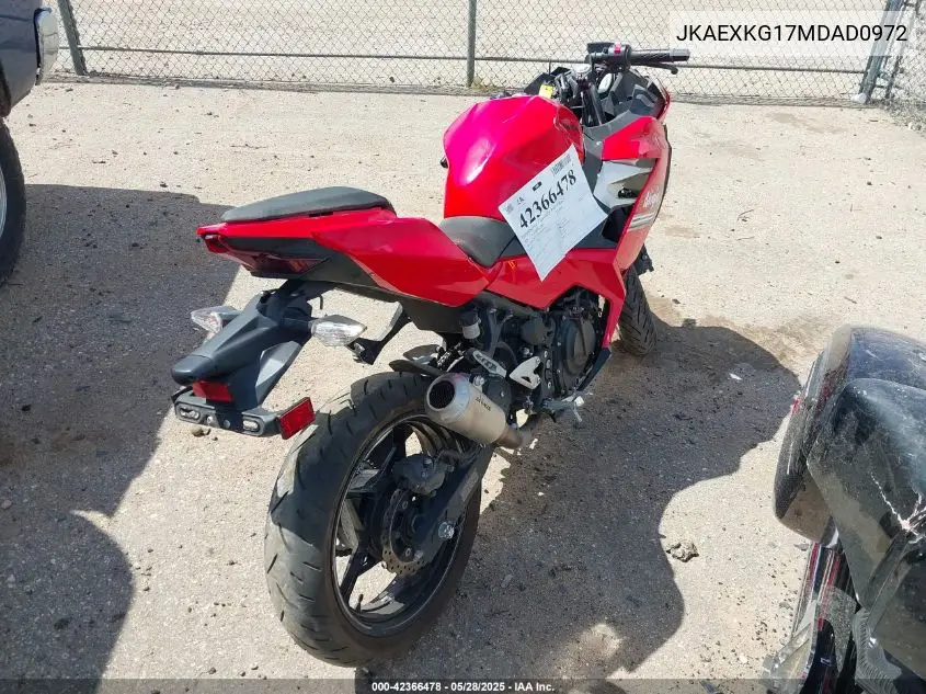 2021 Kawasaki Ex400 VIN: JKAEXKG17MDAD0972 Lot: 42366478
