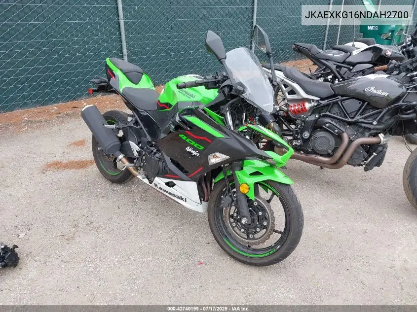 2022 Kawasaki Ex400 VIN: JKAEXKG16NDAH2700 Lot: 42740199