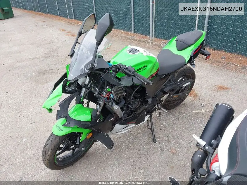 2022 Kawasaki Ex400 VIN: JKAEXKG16NDAH2700 Lot: 42740199