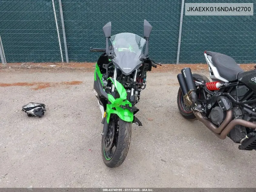 2022 Kawasaki Ex400 VIN: JKAEXKG16NDAH2700 Lot: 42740199