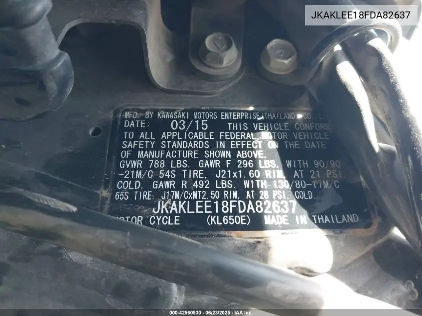 2015 Kawasaki Kl650 E VIN: JKAKLEE18FDA82637 Lot: 42560530