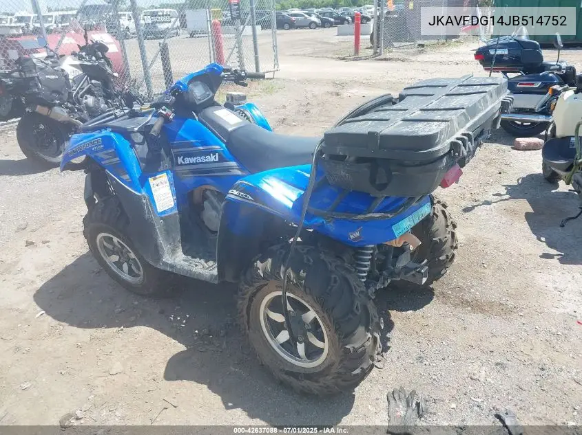 2018 Kawasaki Kvf750 G VIN: JKAVFDG14JB514752 Lot: 42637088