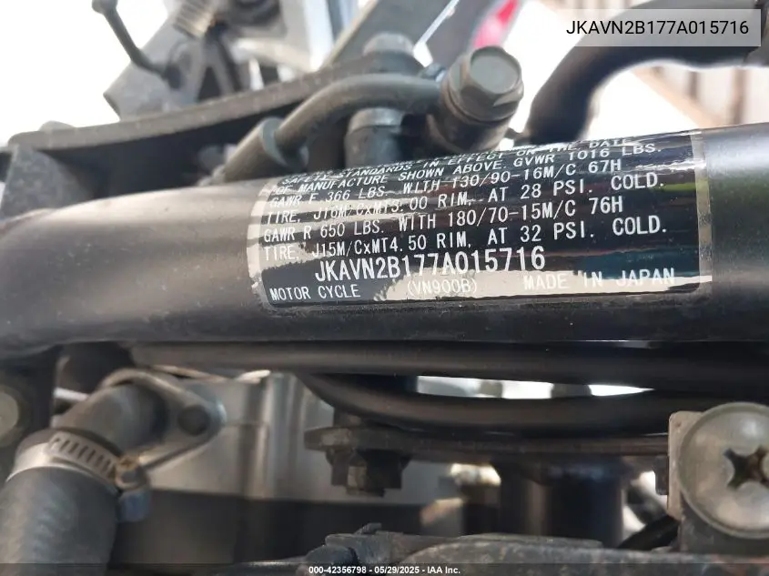 2007 Kawasaki Vn900 B VIN: JKAVN2B177A015716 Lot: 42356798