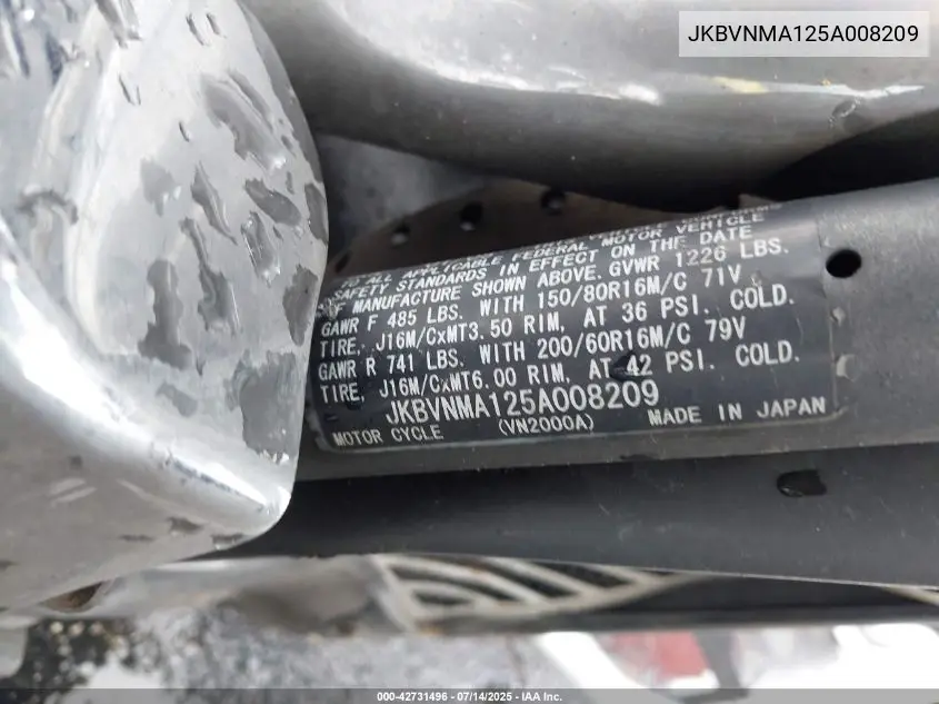 2005 Kawasaki Vn2000 A2 VIN: JKBVNMA125A008209 Lot: 42731496