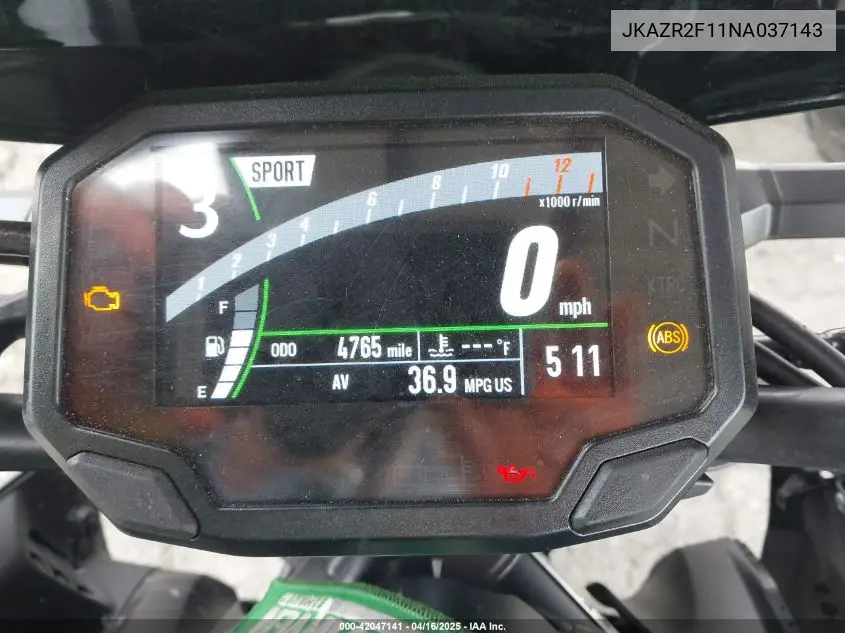 2022 Kawasaki Zr900 VIN: JKAZR2F11NA037143 Lot: 42047141