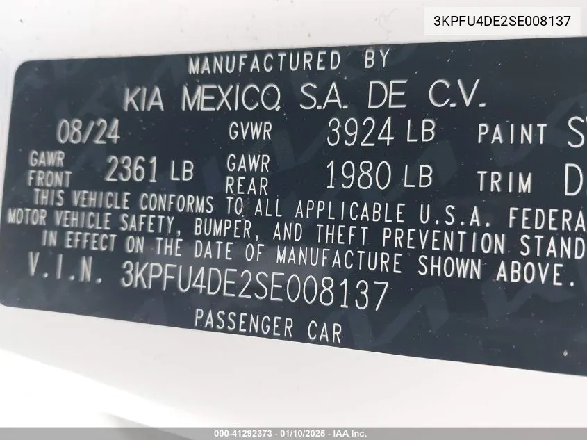 2025 Kia K4 Ex VIN: 3KPFU4DE2SE008137 Lot: 41292373