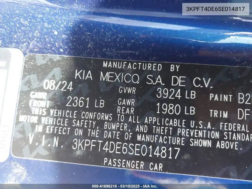 2025 Kia K4 Lxs VIN: 3KPFT4DE6SE014817 Lot: 41696218