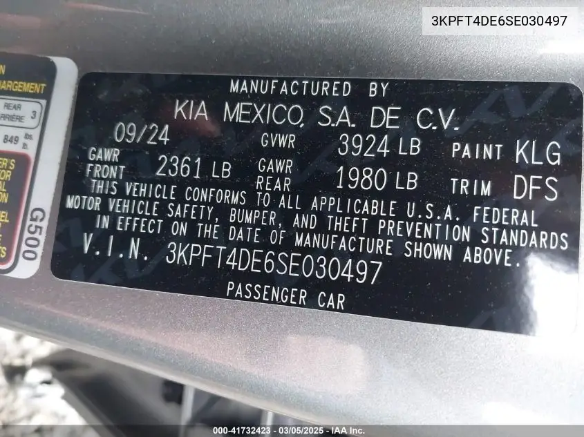 2025 Kia K4 Lxs VIN: 3KPFT4DE6SE030497 Lot: 41732423
