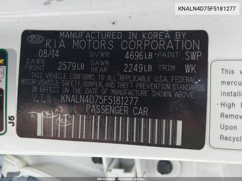 2015 Kia Cadenza Premium VIN: KNALN4D75F5181277 Lot: 42208630