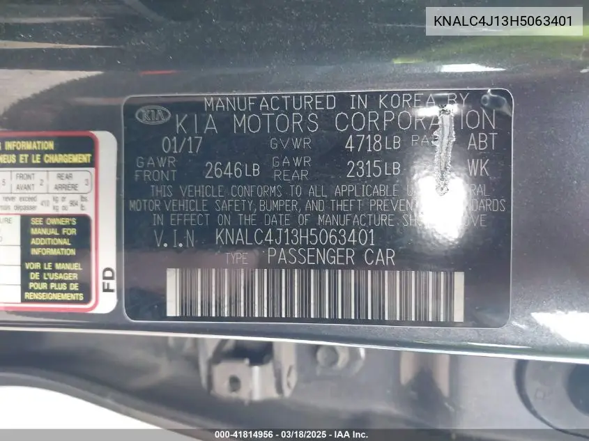 2017 Kia Cadenza Premium VIN: KNALC4J13H5063401 Lot: 41814956