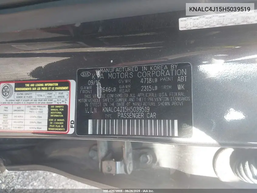 2017 Kia Cadenza Premium VIN: KNALC4J15H5039519 Lot: 42578986
