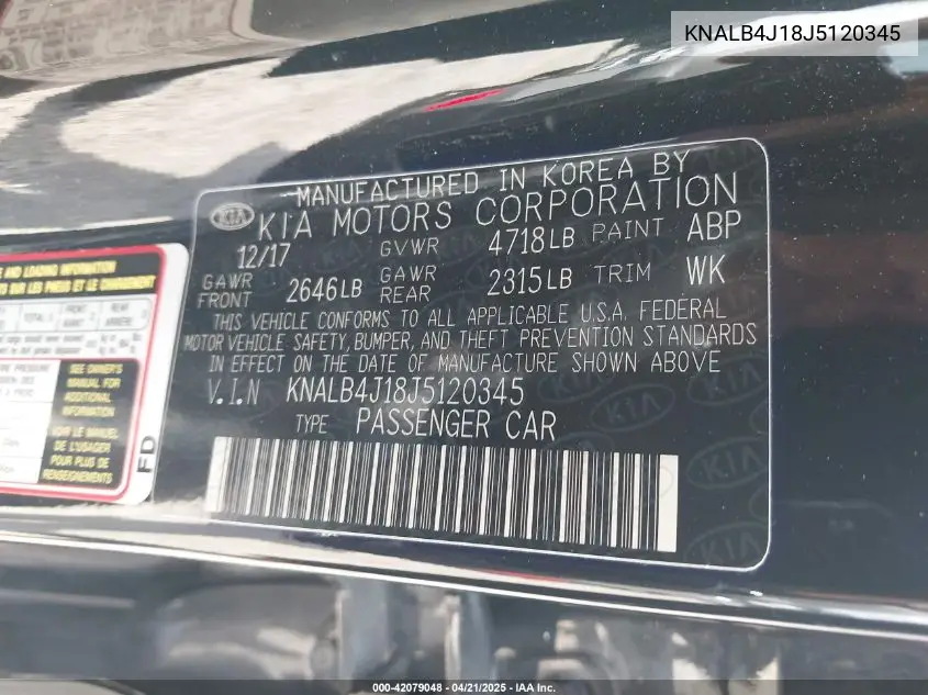 2018 Kia Cadenza Premium VIN: KNALB4J18J5120345 Lot: 42079048